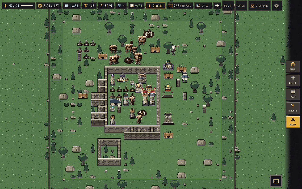 A mid-game base seen from above, with the Keep in the centre and walls around the economy buildings