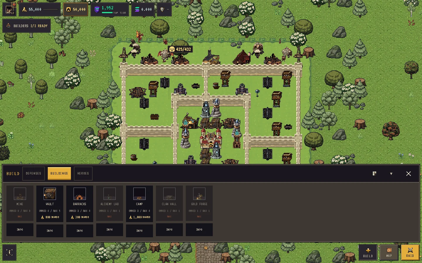 The build menu's BUILDINGS tab with the Mine
