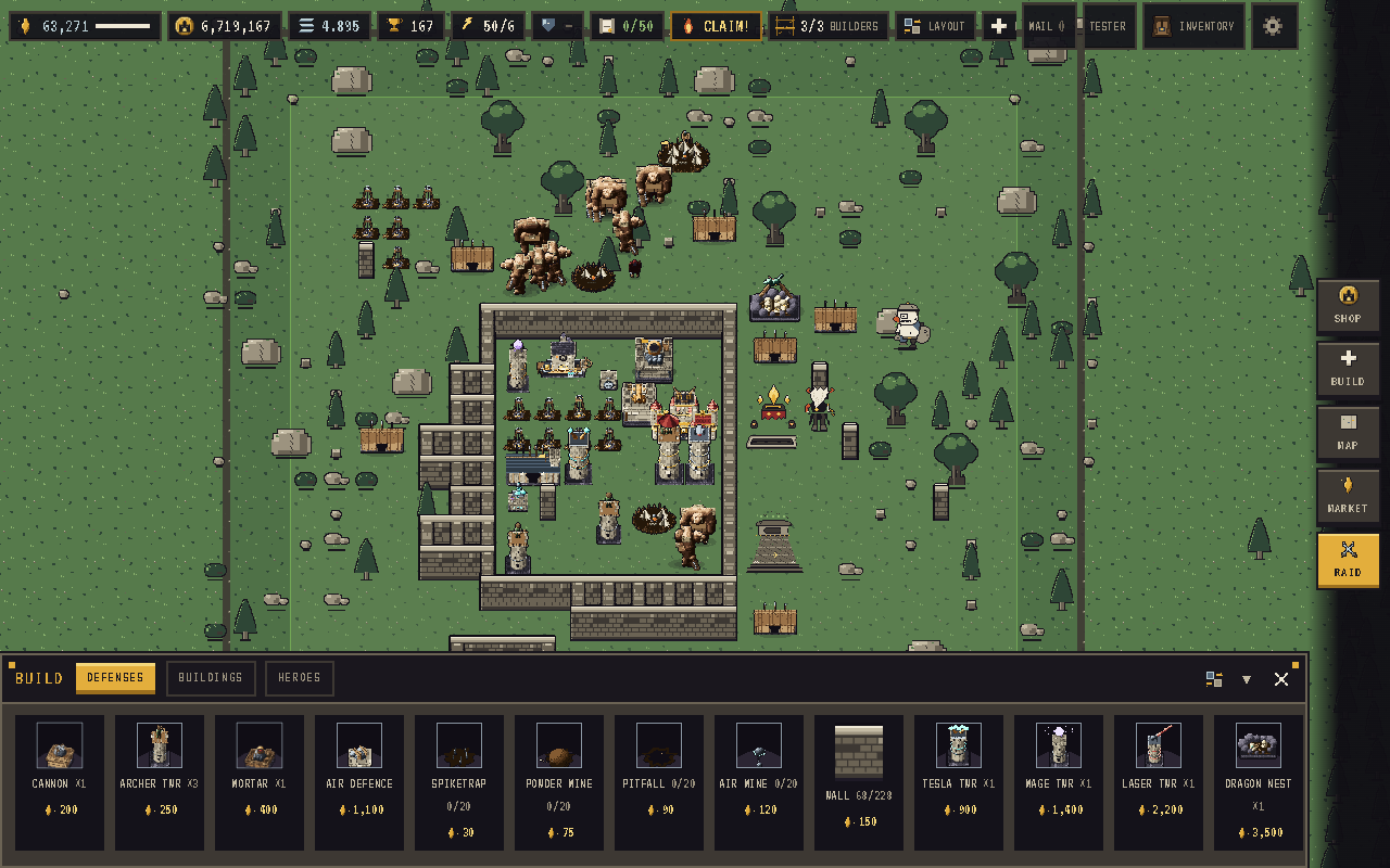 The build menu with its DEF, BLD, and HEROES tabs
