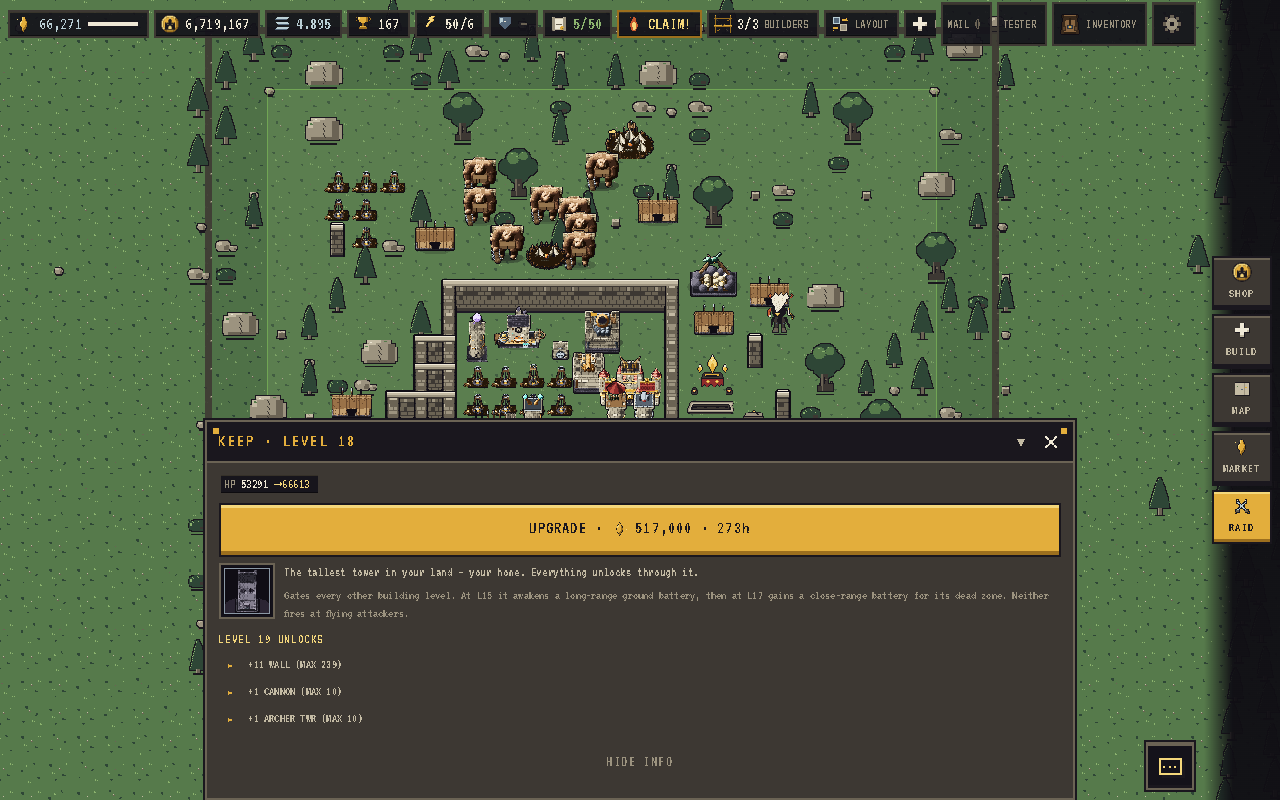 The building info sheet for a structure, showing level, stats, and the upgrade button