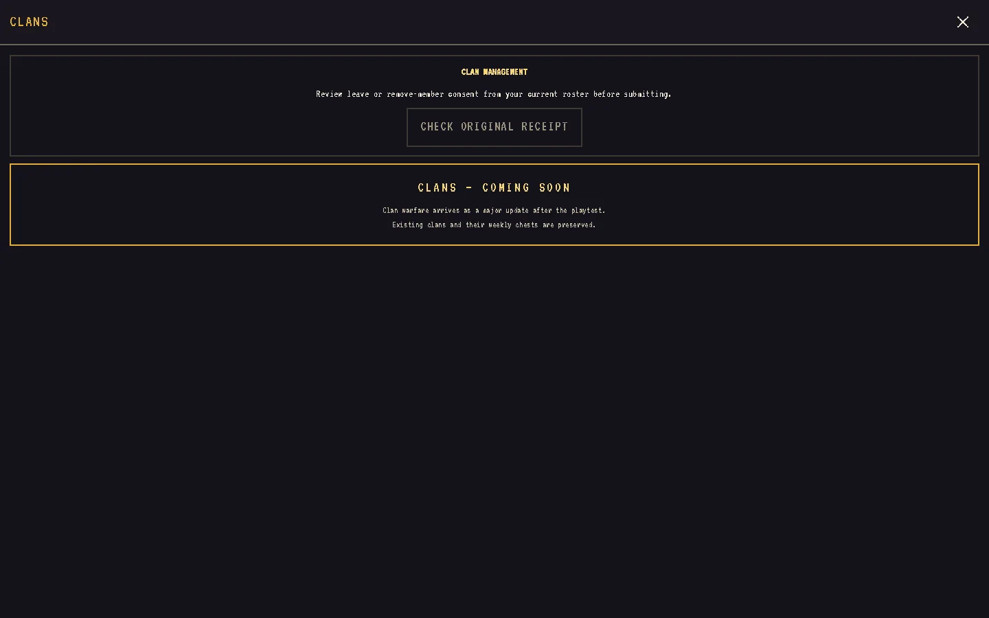 The clan screen in the game, showing the COMING SOON banner and a clan roster