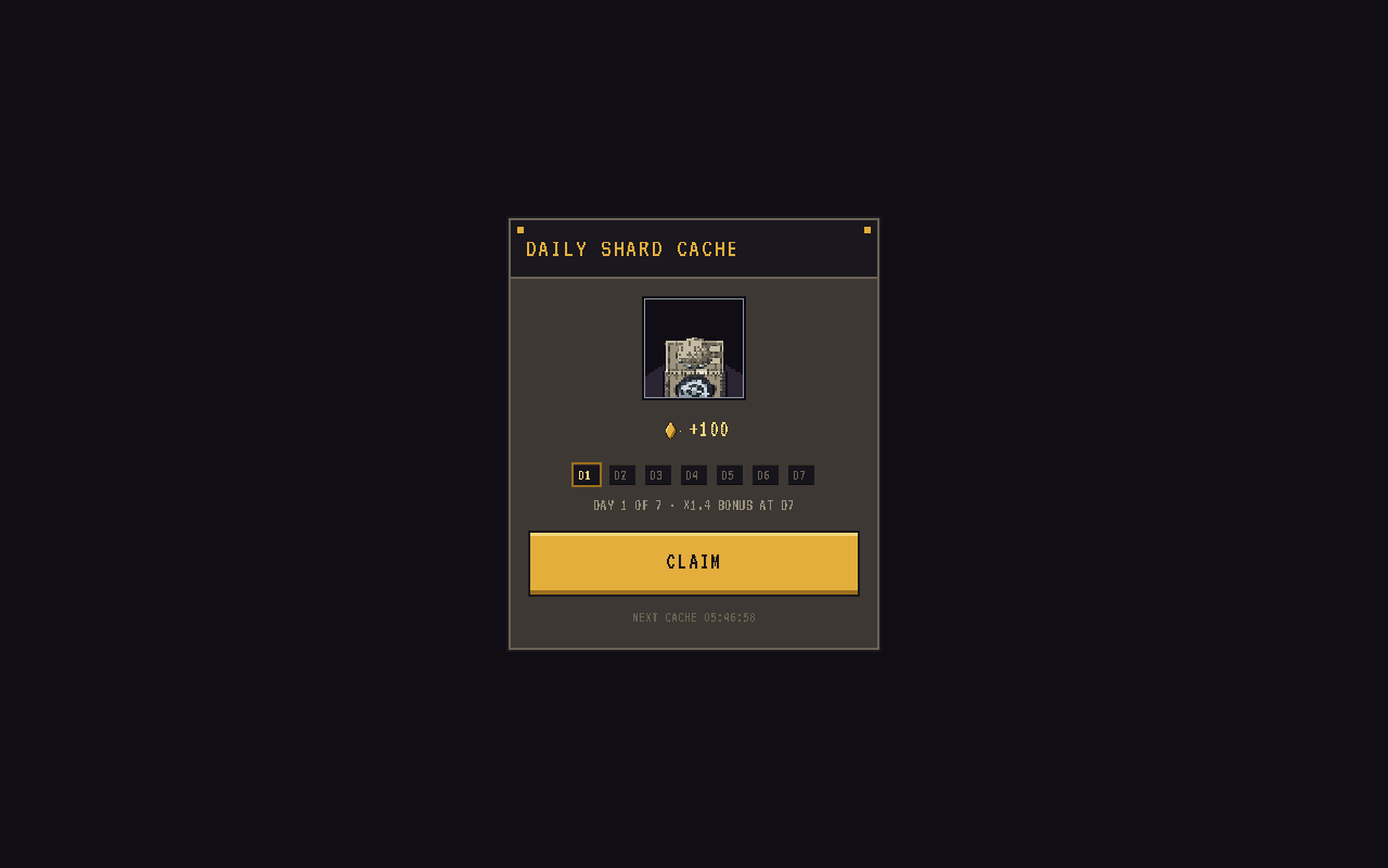 The Daily Shard Cache claim screen with the D1–D7 track