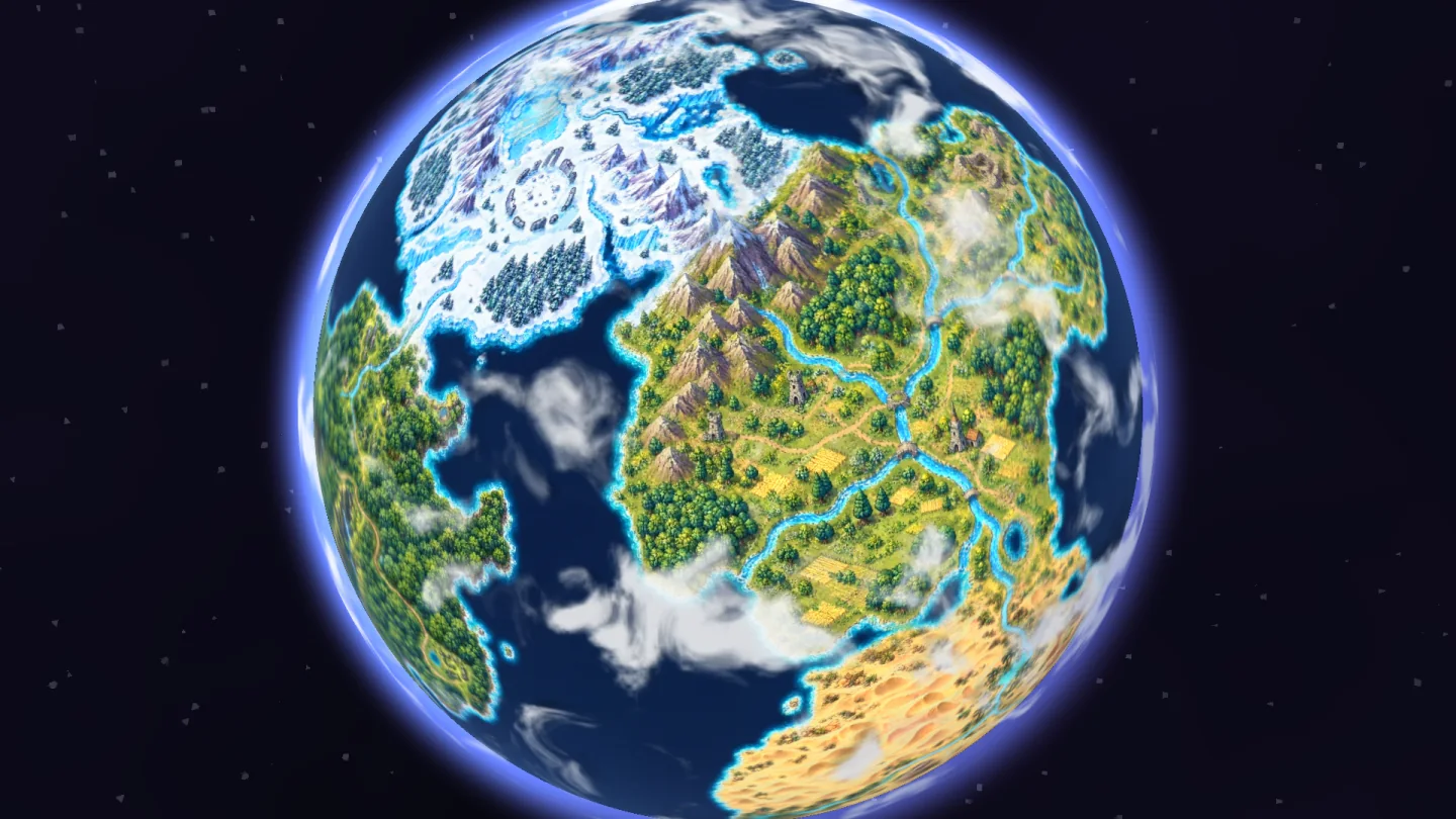 The Realms Globe: the painted world of the eight realms, snowfields, forests and desert under drifting clouds