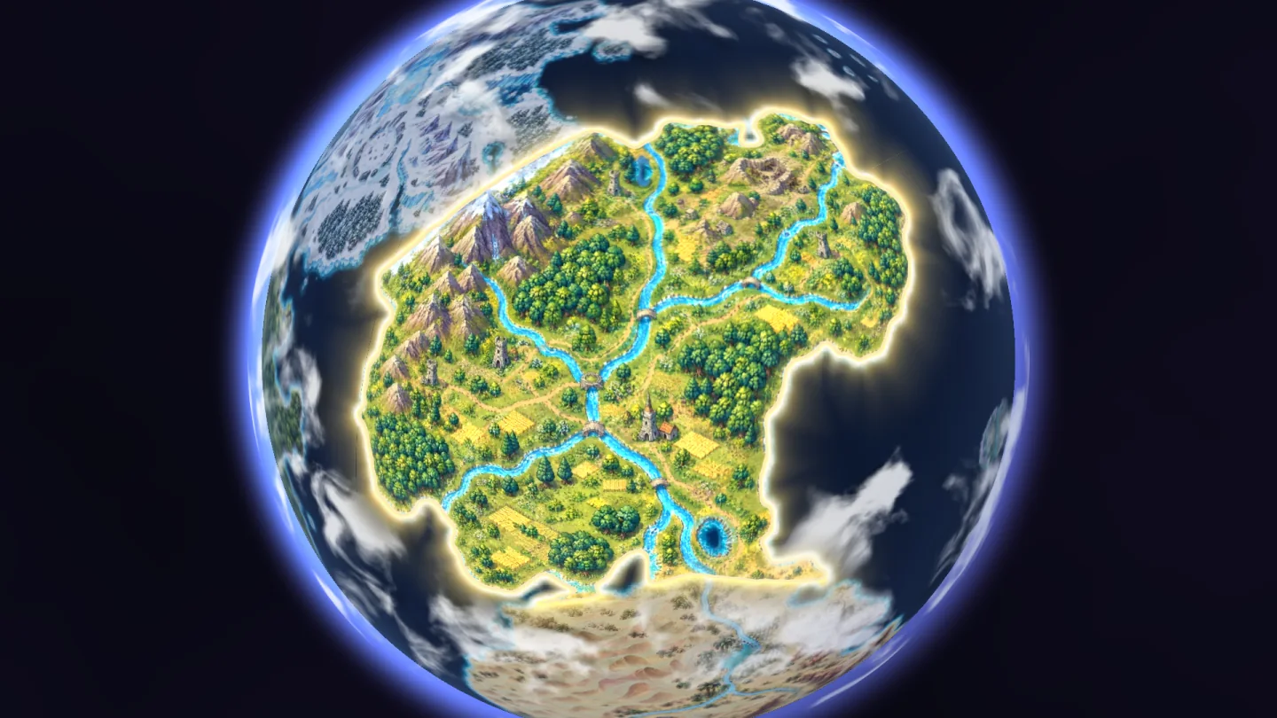 The Realms Globe with one realm selected, its coastline glowing