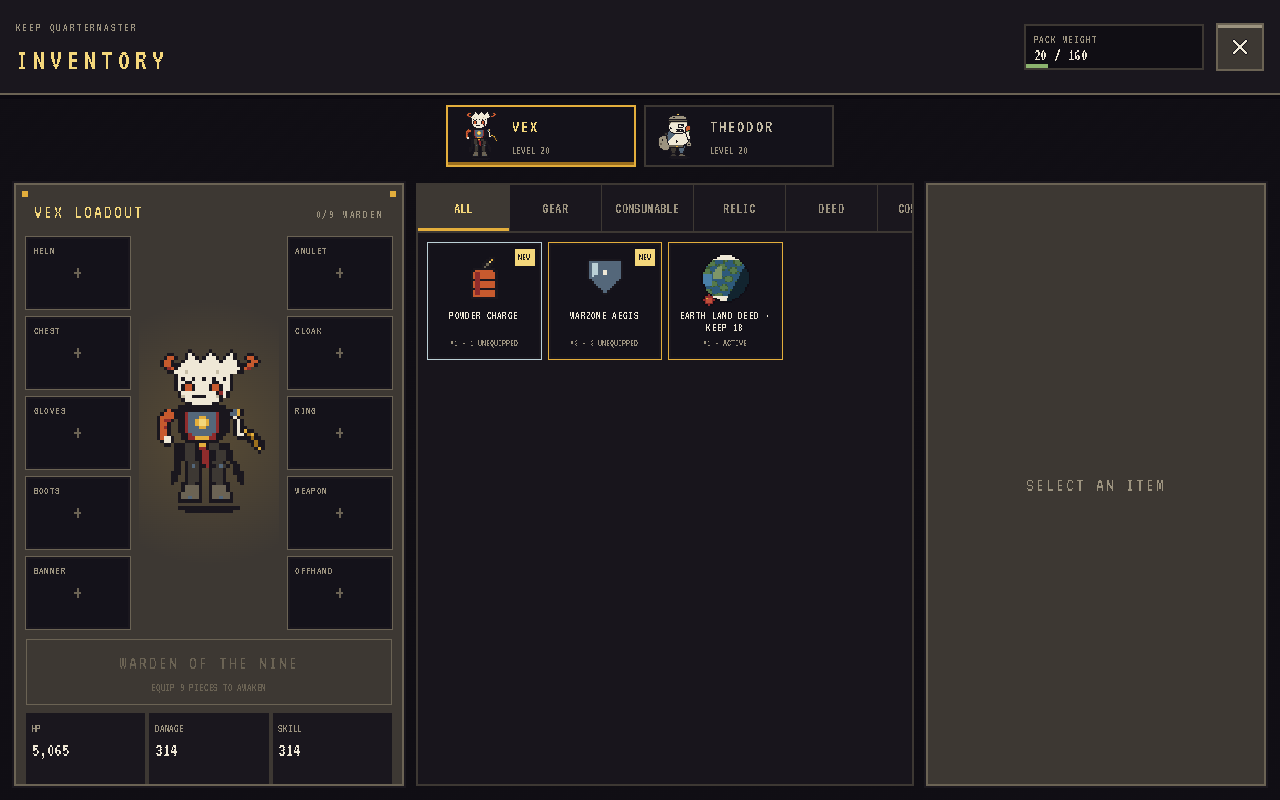The Inventory screen showing owned items and capacity