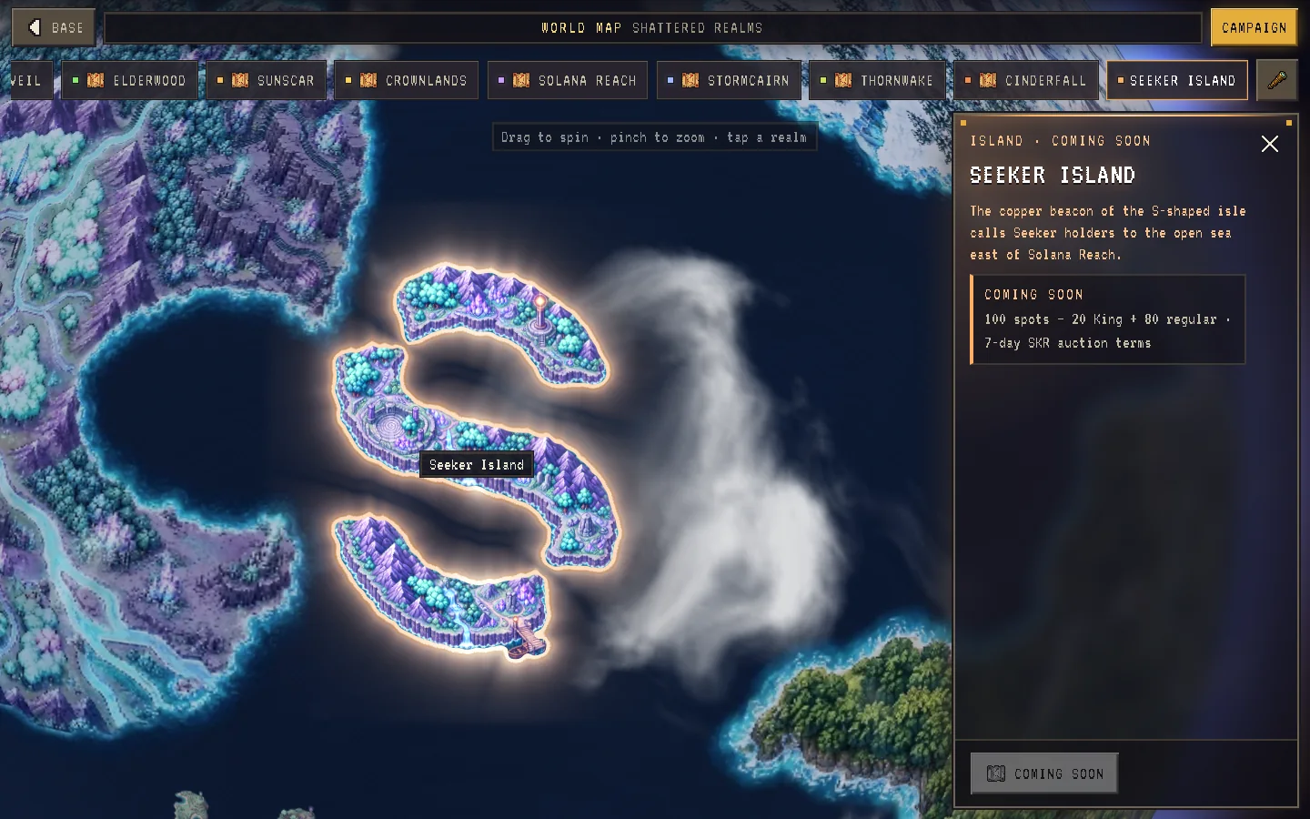 Seeker Island on the Realms Globe today: the S-shaped isle glowing on the sea beside its ISLAND · COMING SOON panel, which lists its King and regular spots and SKR auction terms