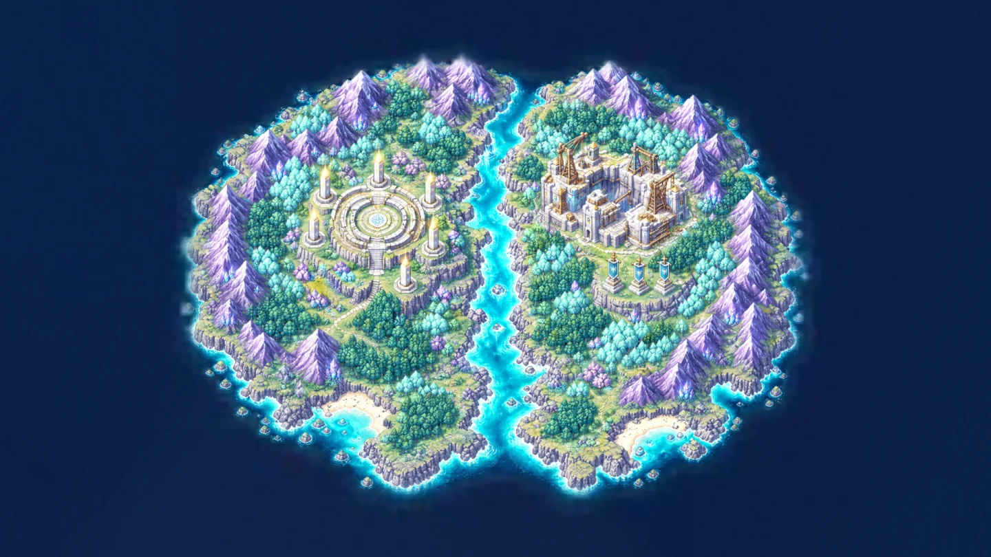 The Divine Isle on the Realms Globe: two island lobes on the sea, a temple ring on one and a castle on the other