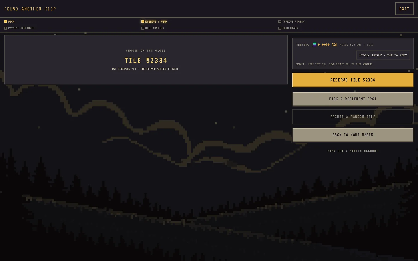 The land purchase screen with a chosen realm tile and the devnet SOL price