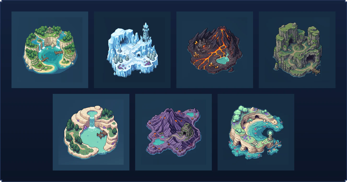 Seven islands, one from each chain: a lagoon with waterfalls, an ice fortress, a volcano, a mossy ruin, a sandstone basin, a violet crater and a coral hook