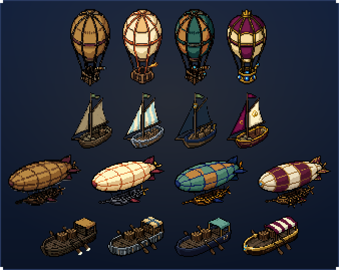 Sixteen vehicles under way in four rows: survey balloons swaying, cargo cutters under sail, courier airships and expedition barges, each from tier 1 to tier 4