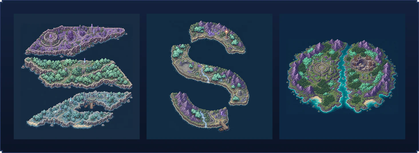 Three islands on the navy sea: Solana Island as three stacked violet and green terraces, Seeker Island shaped like a letter S, and the twin-lobed Divine Isle with a temple ring and a castle