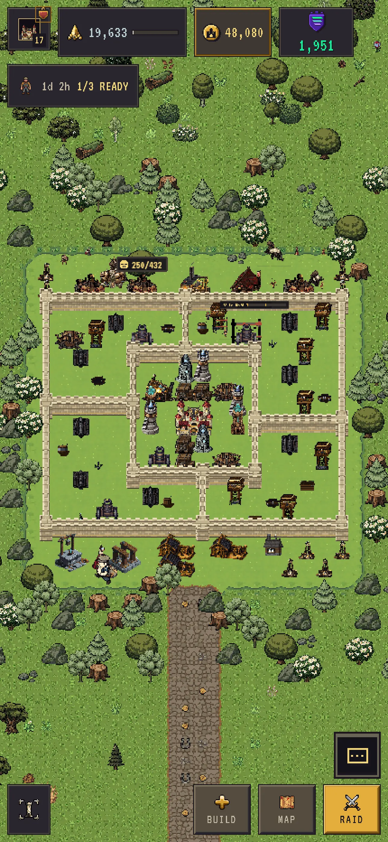 Pixel Kingdom Wars on an Android phone: a base in its realm with the game's HUD