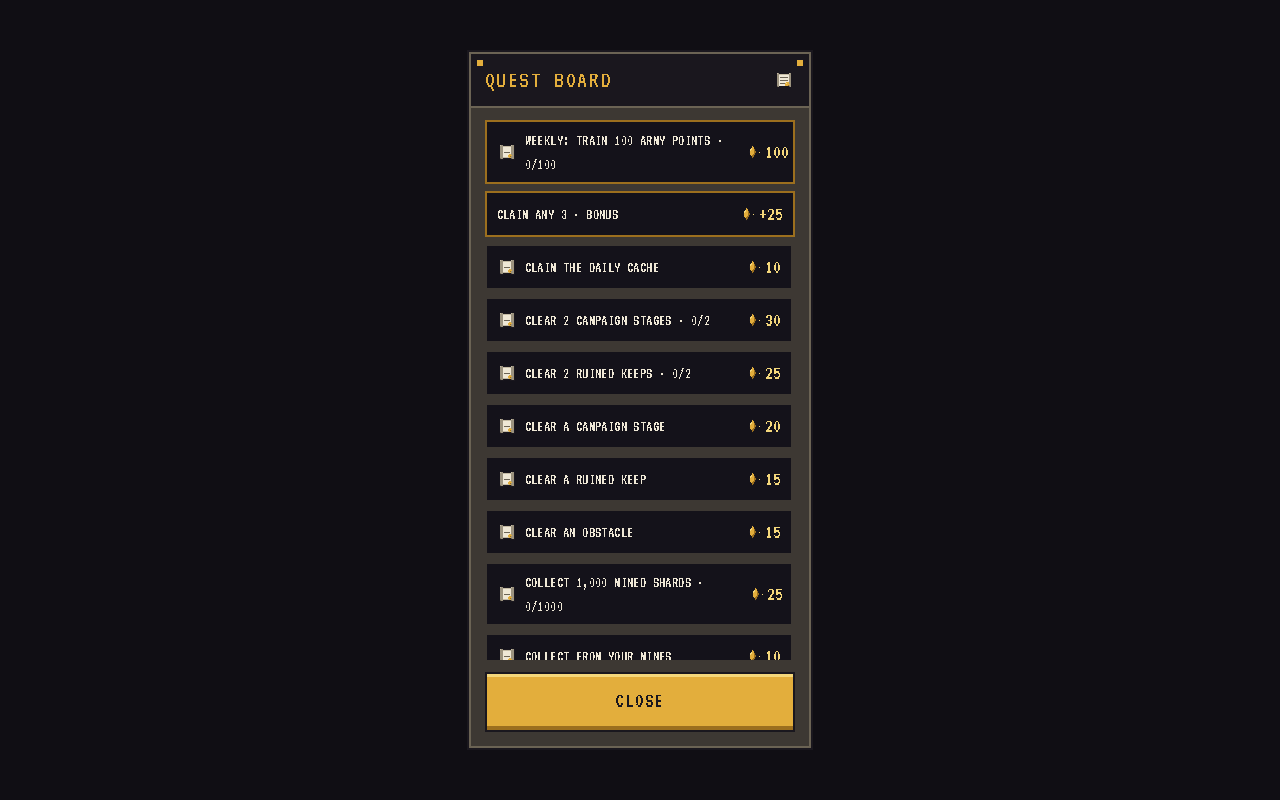 The Quest Board listing daily quests with their Shard rewards and a CLAIM button