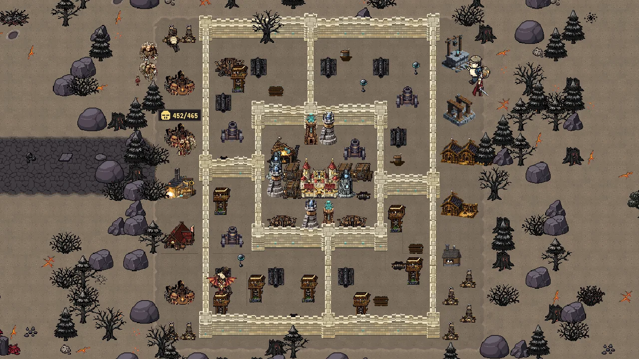 A base in Cinderfall in the current game: walls and defences on grey ash, among charred dead trees, dark boulders and a basalt road