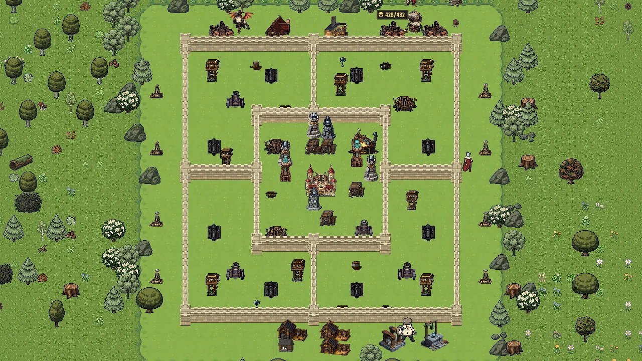 A base in Crownlands in the current game: sandstone walls, towers and the keep on bright meadow grass, ringed by oaks, pines and blossoming shrubs
