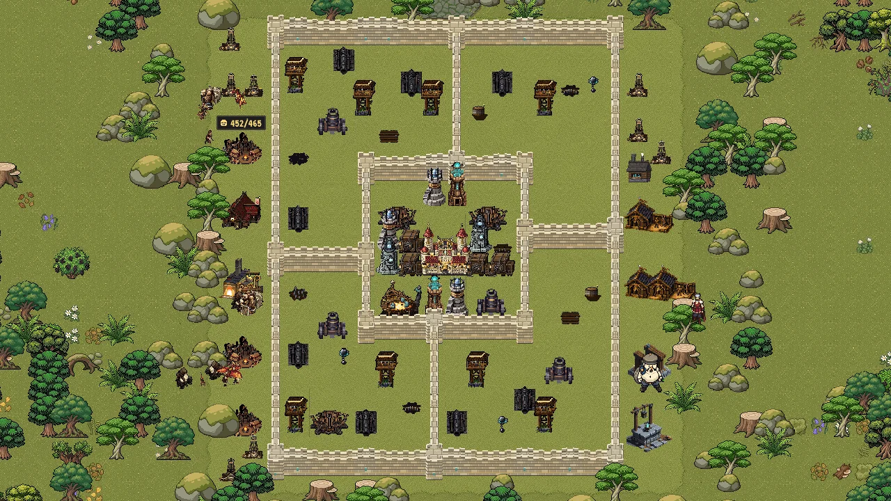 A base in Elderwood in the current game: walls and defences on mossy ground, hemmed in by broad oaks, mossy boulders and forester's huts