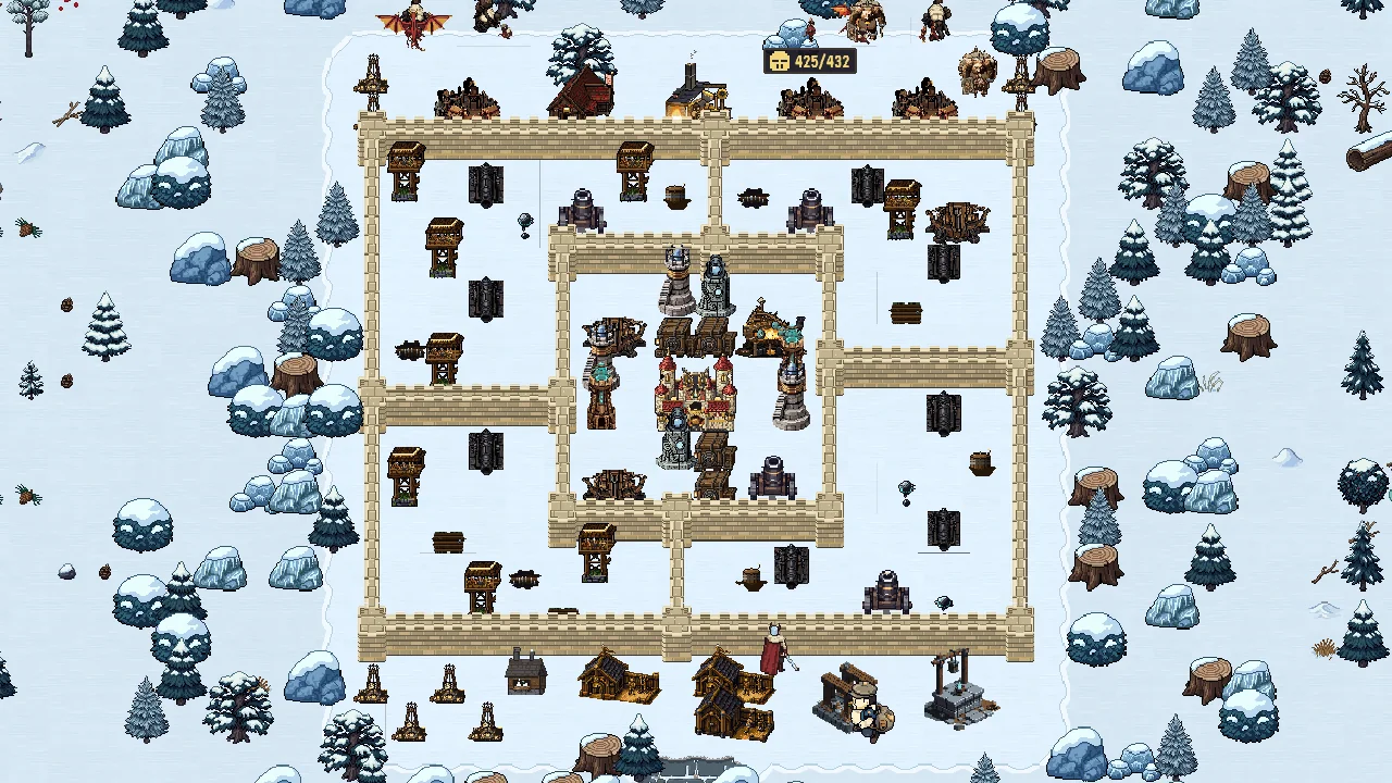 A base in Frostveil in the current game: sandstone walls and defences on snow, among snow-laden spruce and frosted boulders