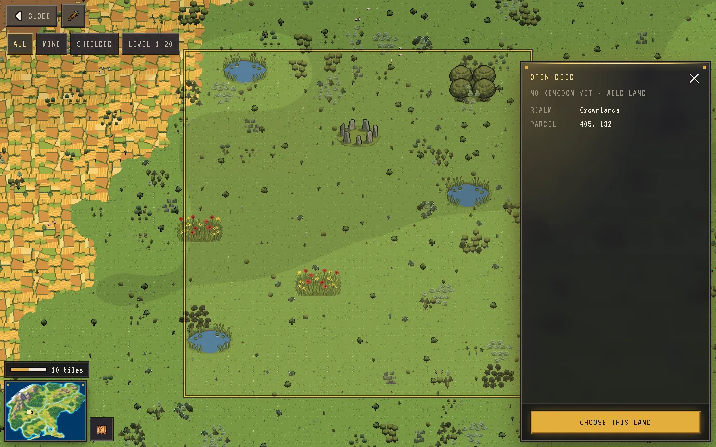 A free tile selected on a realm map: the OPEN DEED card reads "No kingdom yet · wild land" with its realm, parcel and the CHOOSE THIS LAND button