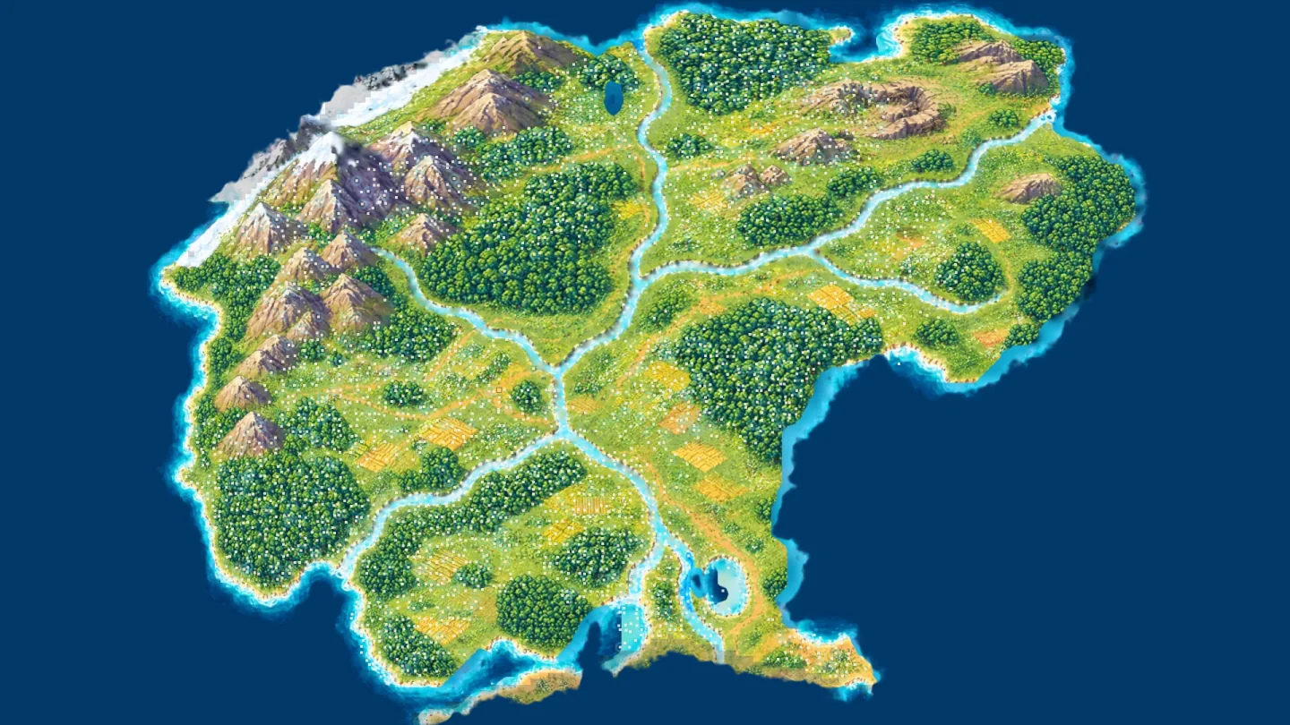 One whole realm on its own sea: forests, rivers and mountains, the overview you land on after choosing it