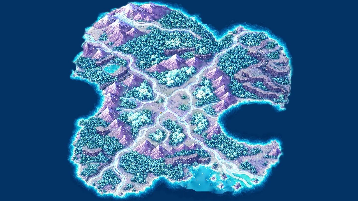 The Solana Reach realm map on the Realms Globe: a violet-and-teal land of crystal forests, lilac peaks and white roads on its own navy sea