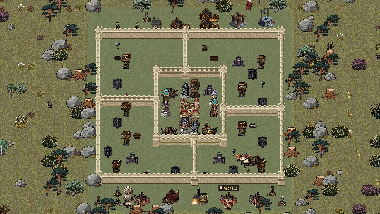 A base in Stormcairn in the current game: walls and defences on heather moor, among wind-bent pines, grey boulders and tree stumps
