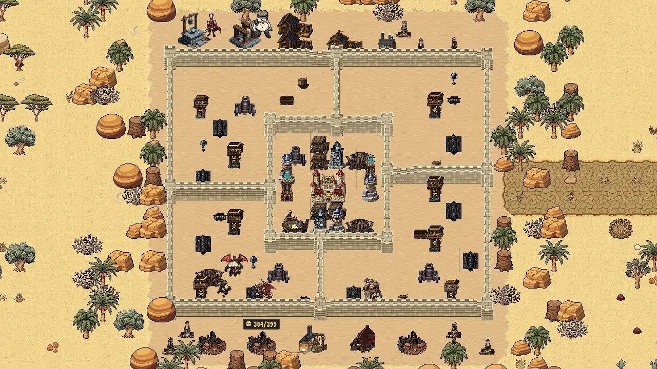 A base in Sunscar in the current game: walls and defences on golden sand, with palms, sandstone boulders and a paved caravan road