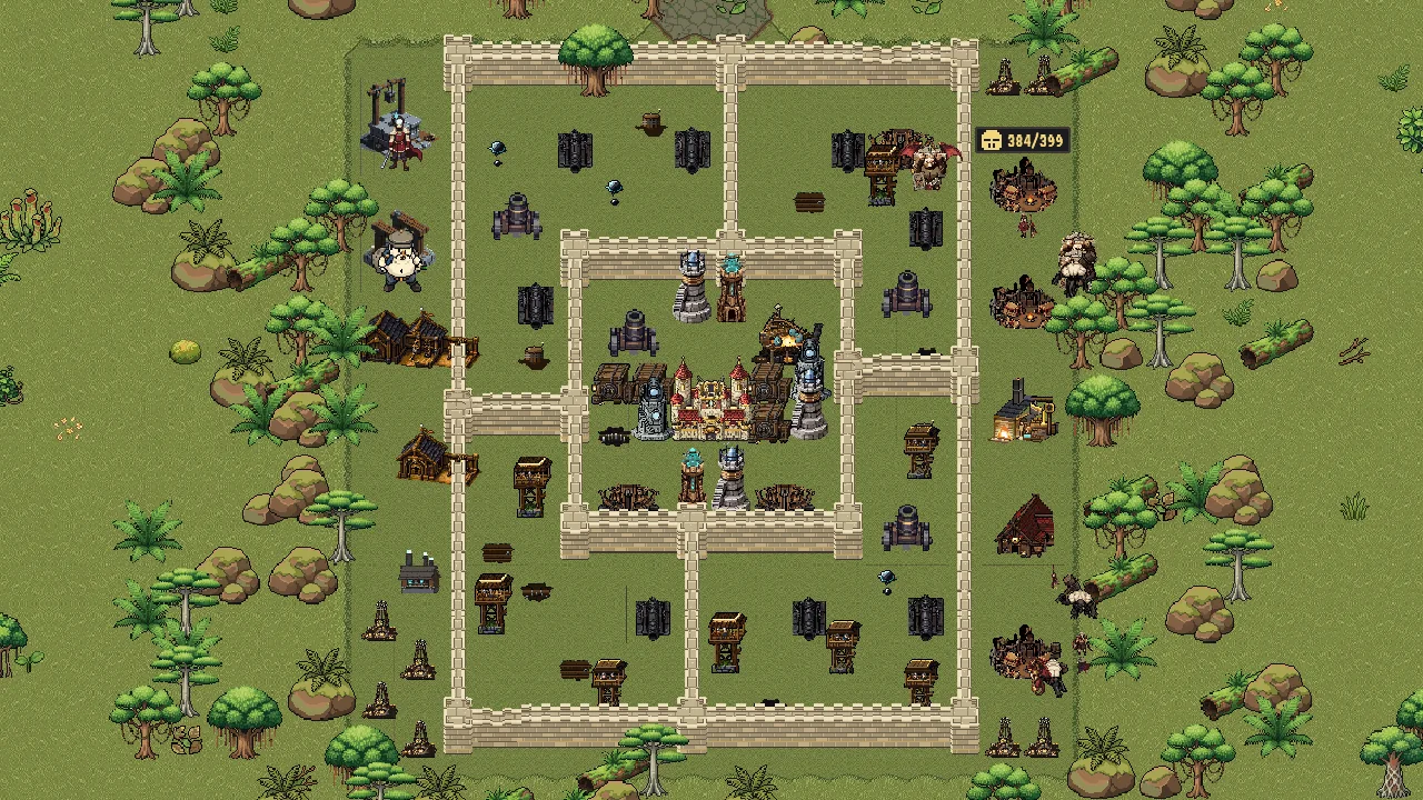 A base in Thornwake in the current game: walls and defences on jungle grass, surrounded by palms, broad jungle trees and fallen logs