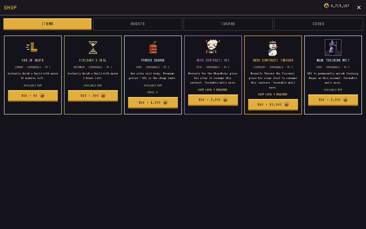 The Shop with its ITEMS, BOOSTS, TOKENS and CODEX tabs