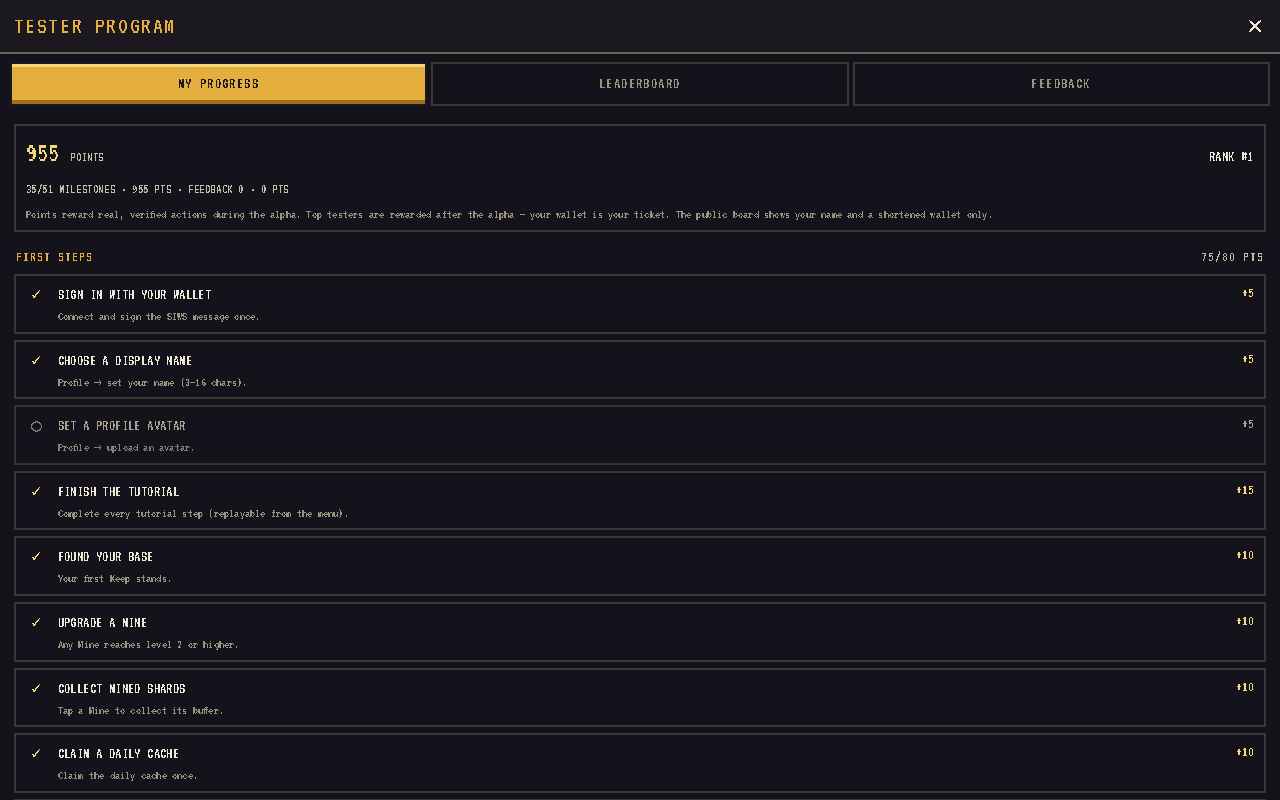 The in-game TESTER screen showing points, rank and the milestone checklist