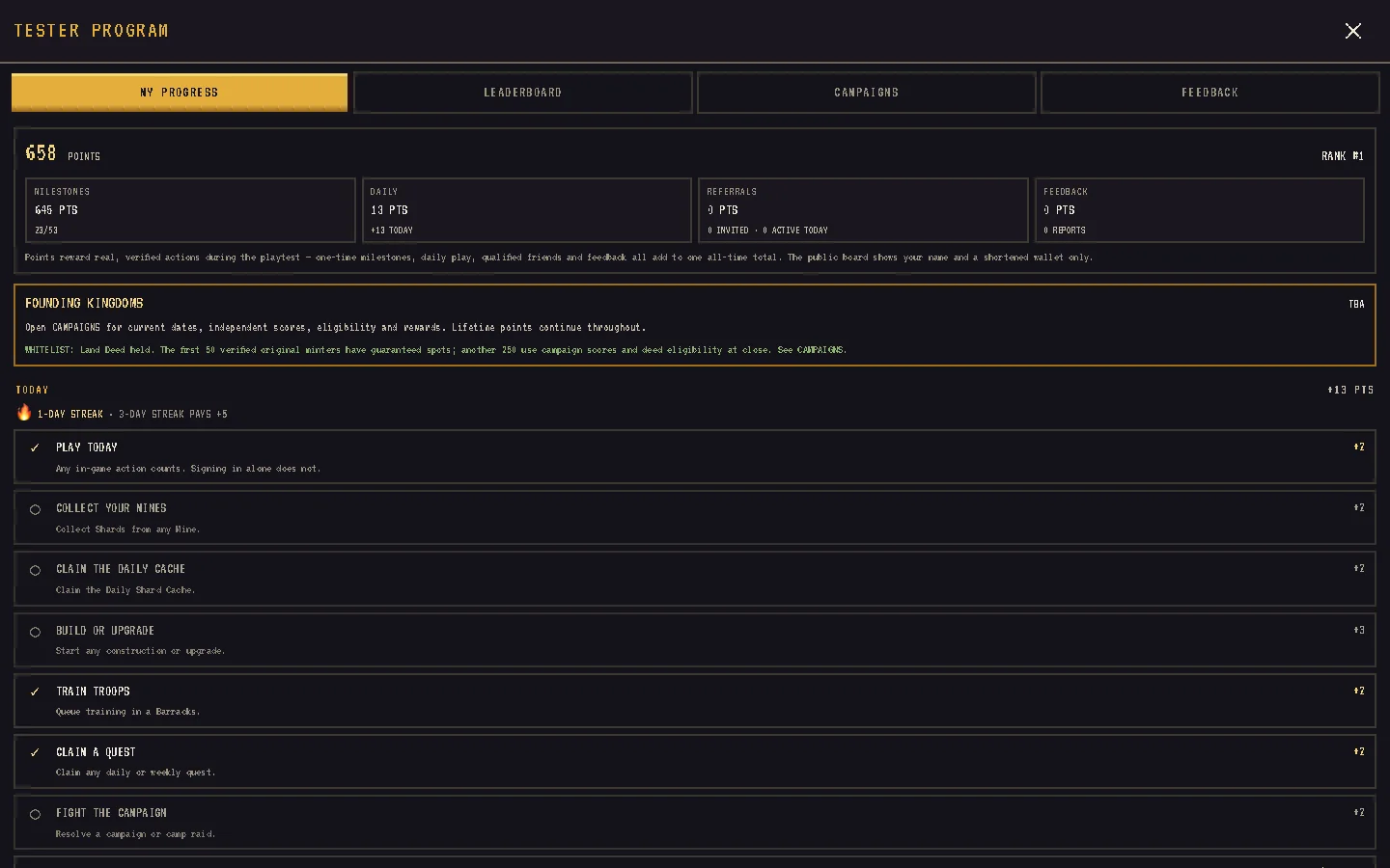 The TESTER screen with points, rank and the milestone checklist