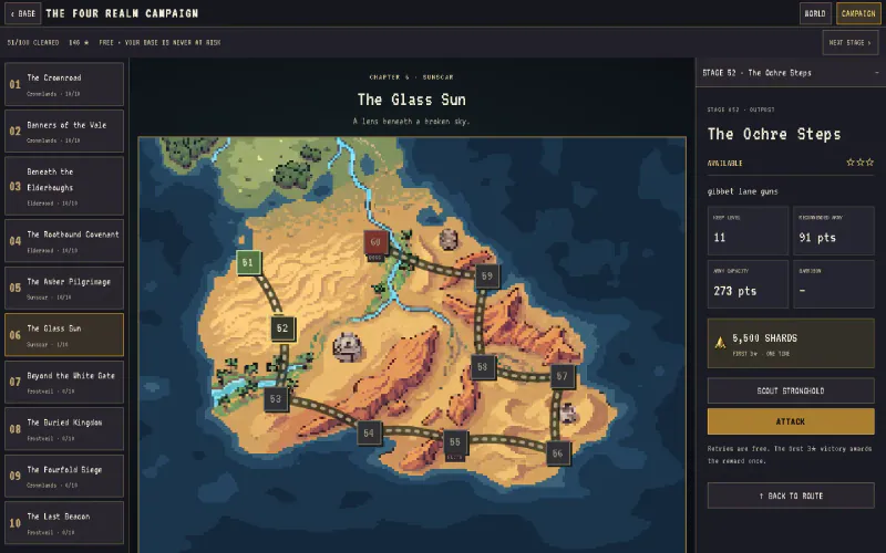 The four-realm campaign map: the Sunscar chapter's numbered stages on a desert island, beside the chapter list and a stage card with its ATTACK button.