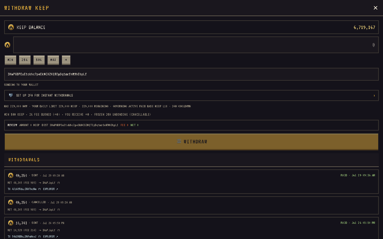 The withdraw screen with quote, mode and confirmation