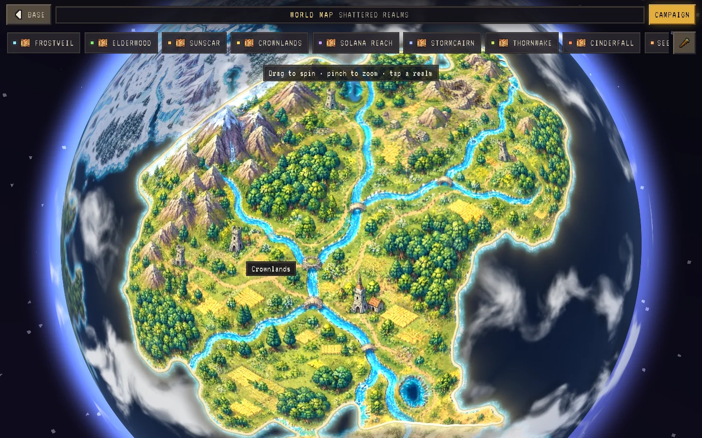 The MAP screen: the painted Realms Globe opened over your own realm, with the realm rail across the top and the BASE and CAMPAIGN buttons