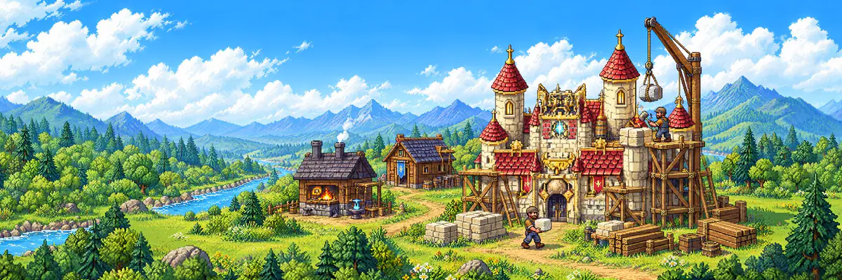 Builders raise a keep with a wooden crane beside a forge and a workshop.