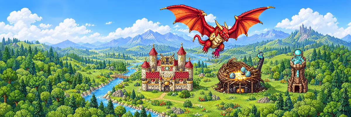 A red dragon flies over a keep, a dragon nest and a crystal tower in a green valley.