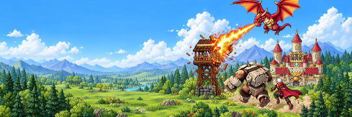 A red dragon breathes fire on a wooden watchtower while a stone giant and a red-caped hero charge a castle.