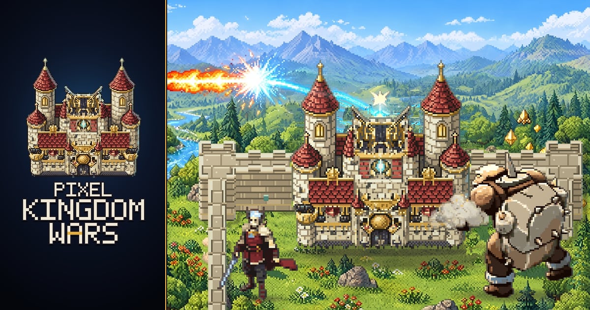 The Pixel Kingdom Wars logo beside a dragon, a hero and a giant besieging a sandstone keep