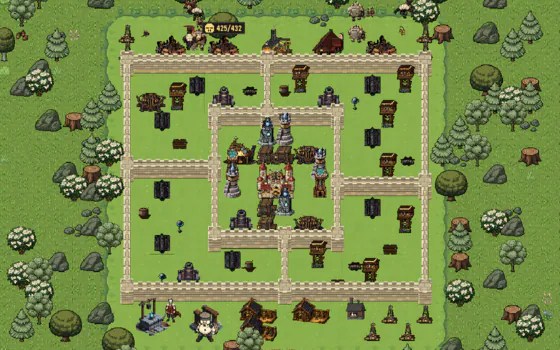 A Keep 17 kingdom in the Crownlands: two rings of sandstone walls around the keep, with cannons, towers and workshops in a meadow ringed by forest.