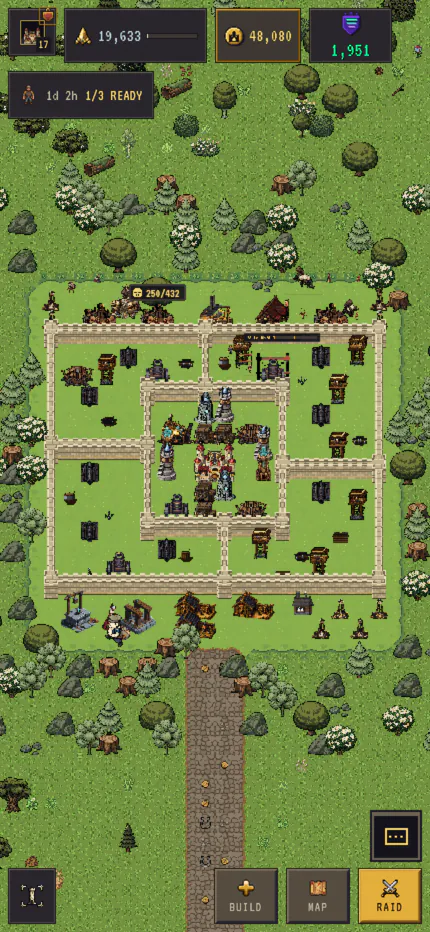 Phone screenshot of a walled Crownlands base with the resource bar at the top and the Build, Map and Raid buttons at the bottom.