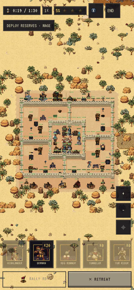 Phone screenshot of a live raid on a desert base in Sunscar, with the battle clock at the top and the troop tray and Retreat button at the bottom.