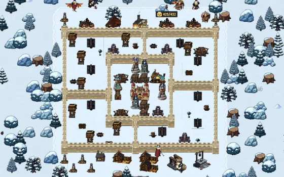 A Keep 17 base in Frostveil: sandstone walls, cannons and towers around the keep on a snowfield among snow-laden pines and boulders.